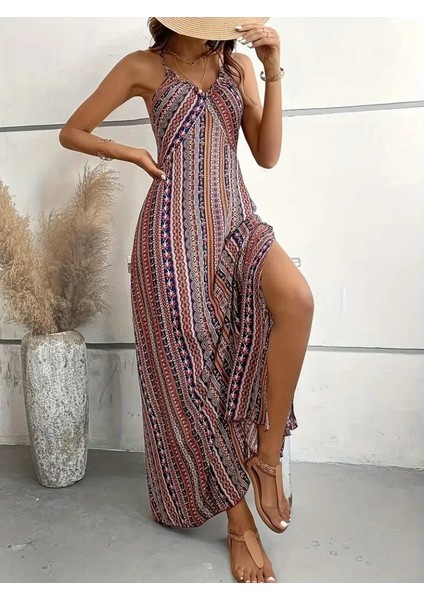 Mottisfashion Kadın Ip Askılı Sırttan Çapraz Detaylı Yırtmaçlı Desenli Süprem Elbise fırsatları