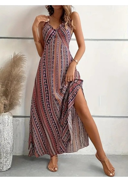 Mottisfashion Kadın Ip Askılı Sırttan Çapraz Detaylı Yırtmaçlı Desenli Süprem Elbise indirimleri