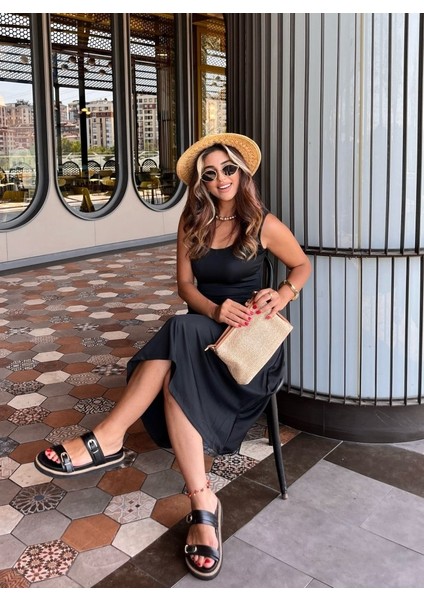 Mottisfashion Kadın Askılı Kare Yakalı Midi Ithal Krep Elbise fiyatları