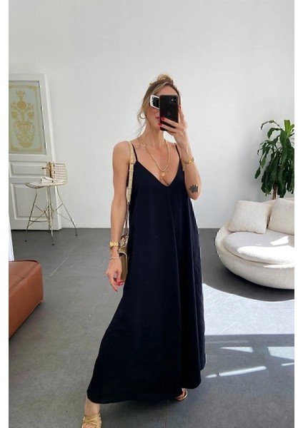 Mottisfashion Kadın Ip Askılı V Yakalı Uzun Aerobin Elbise
