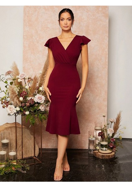Mottisfashion Kadın Kısa Kelebek Kollu Kruvaze Yaka Ithal Krep Midi Elbise modelleri