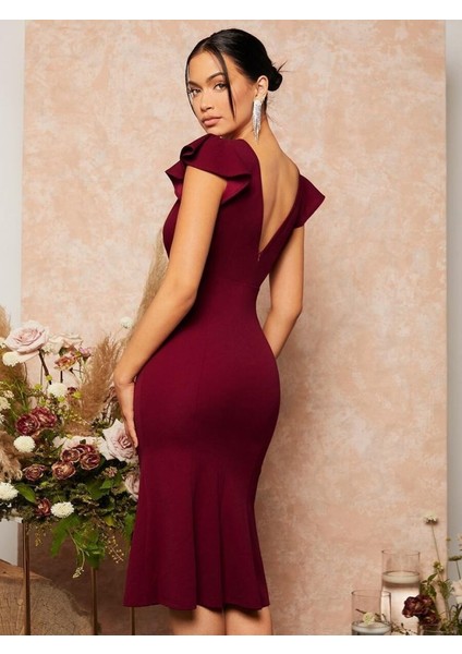 Mottisfashion Kadın Kısa Kelebek Kollu Kruvaze Yaka Ithal Krep Midi Elbise fırsatları