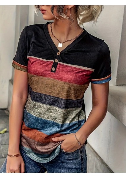 Mottisfashion Kadın Kısa Kollu V Yakalı Düğmeli Çok Renkli Süprem Bluz