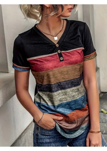 Mottisfashion Kadın Kısa Kollu V Yakalı Düğmeli Çok Renkli Süprem Bluz fırsatları