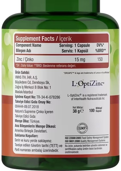 Zinc 15 Mg 100 Kapsül fiyatları