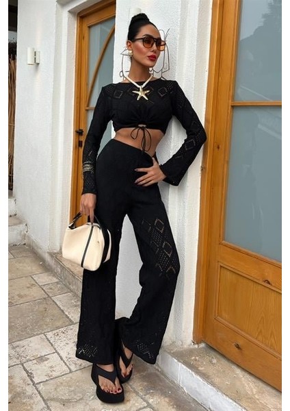 Mottisfashion Göğüs Bağcık Detaylı Ajurlu Bluz Pantolon Takım 10098