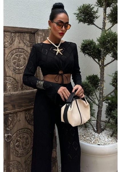 Mottisfashion Göğüs Bağcık Detaylı Ajurlu Bluz Pantolon Takım 10098 fiyatları