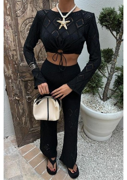 Mottisfashion Göğüs Bağcık Detaylı Ajurlu Bluz Pantolon Takım 10098 fırsatları