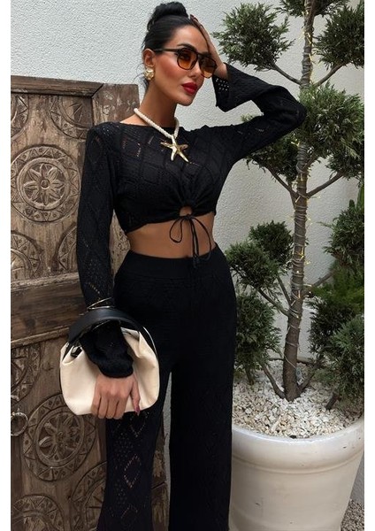 Mottisfashion Göğüs Bağcık Detaylı Ajurlu Bluz Pantolon Takım 10098