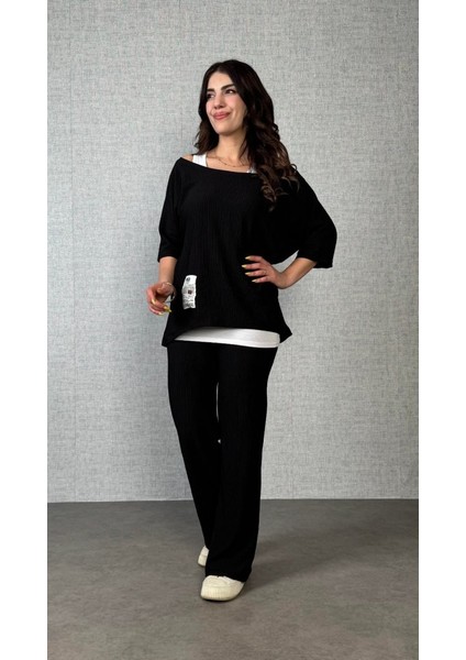 Mottisfashion Kadın Kısa Kollu Omuzlardan Açık Yarasa Kollu Bürümcük Bluz ve Pantolon ve Viskon Atlet