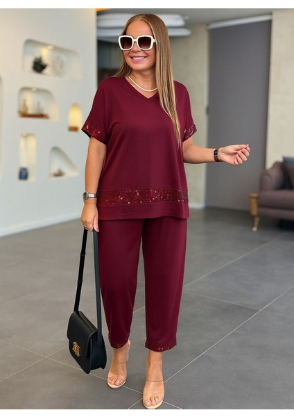 Mottisfashion Kadın Kısa Kollu V Yakalı Pul Payetli Viskon Iki Iplik Bluz ve Pantolon Ikili Takım modelleri