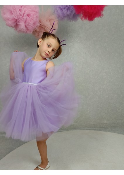 Kız Çocuk Ada Model Abiye Lila Bel Incili Elbise modelleri