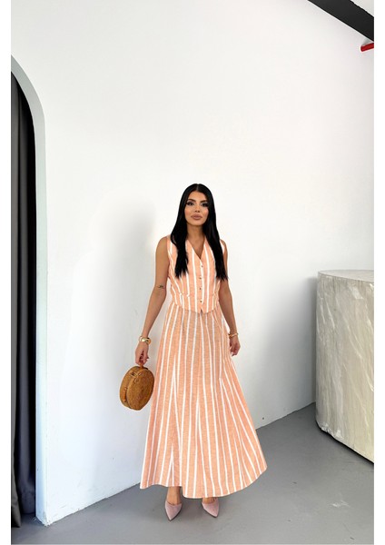 Mottisfashion Keten Çizgili Yelek - Uzun Etek Takım - Orange modelleri