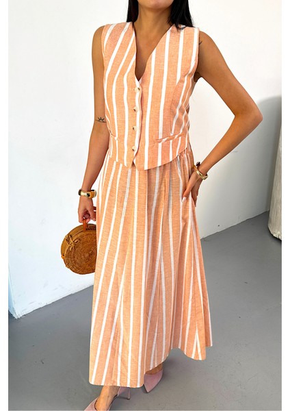 Mottisfashion Keten Çizgili Yelek - Uzun Etek Takım - Orange fırsatları