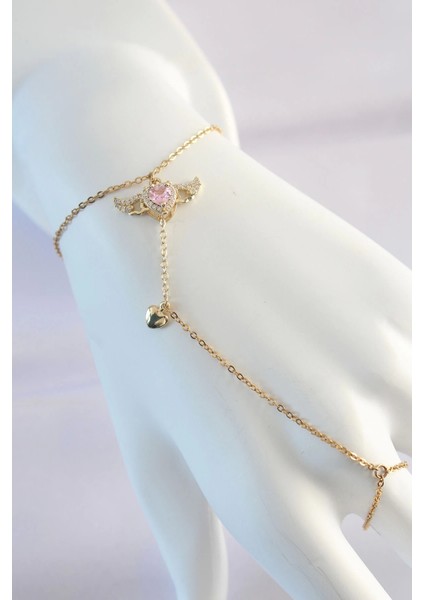 316L Çelik Gold Renk Pembe Zirkon Taşlı Kanatlı Kalp Model Şahmeran
