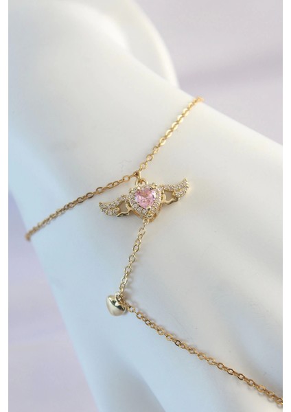 316L Çelik Gold Renk Pembe Zirkon Taşlı Kanatlı Kalp Model Şahmeran fiyatları