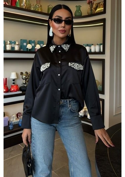 Mottisfashion Yaka ve Cep Inci Taşlı Saten Gömlek 3423 modelleri