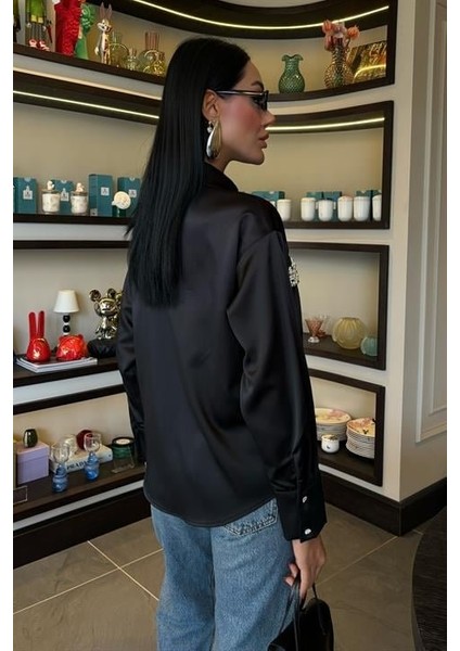 Mottisfashion Yaka ve Cep Inci Taşlı Saten Gömlek 3423 indirimleri