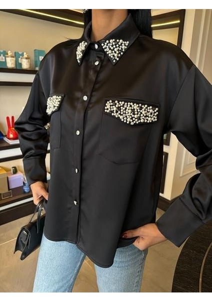 Mottisfashion Yaka ve Cep Inci Taşlı Saten Gömlek 3423