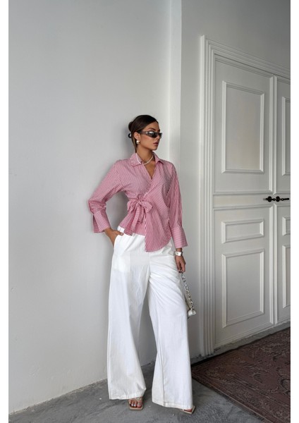 Mottisfashion Çizgili Poplin Kruvaze Bağlamalı Gömlek - Kırmızı