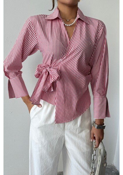 Mottisfashion Çizgili Poplin Kruvaze Bağlamalı Gömlek - Kırmızı fiyatları