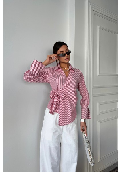Mottisfashion Çizgili Poplin Kruvaze Bağlamalı Gömlek - Kırmızı modelleri