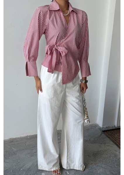 Mottisfashion Çizgili Poplin Kruvaze Bağlamalı Gömlek - Kırmızı fırsatları
