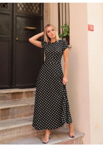 Mottisfashion Kadın Kısa Kollu Bisiklet Yaka Puantiyeli Maksi Örme Krep Elbise fiyatları