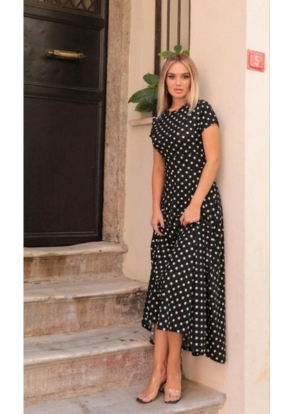 Mottisfashion Kadın Kısa Kollu Bisiklet Yaka Puantiyeli Maksi Örme Krep Elbise fırsatları