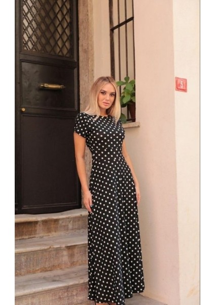 Mottisfashion Kadın Kısa Kollu Bisiklet Yaka Puantiyeli Maksi Örme Krep Elbise indirimleri