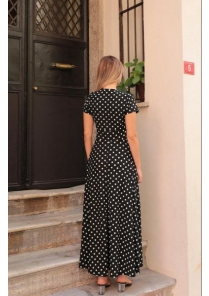 Mottisfashion Kadın Kısa Kollu Bisiklet Yaka Puantiyeli Maksi Örme Krep Elbise