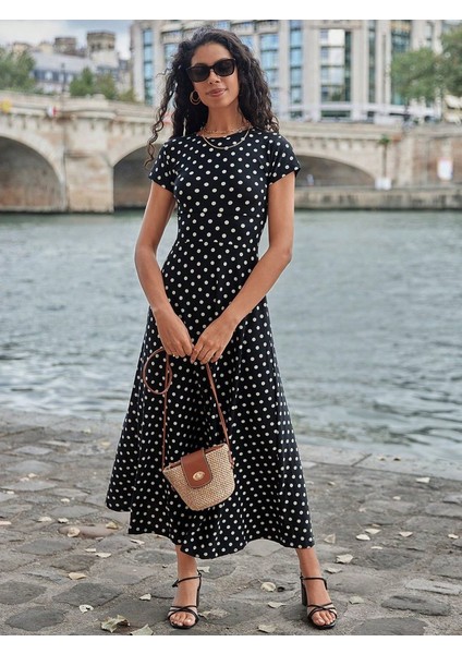 Mottisfashion Kadın Kısa Kollu Bisiklet Yaka Puantiyeli Maksi Örme Krep Elbise