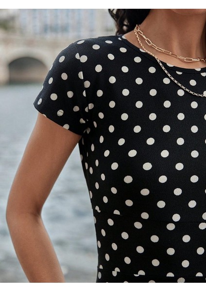 Mottisfashion Kadın Kısa Kollu Bisiklet Yaka Puantiyeli Maksi Örme Krep Elbise