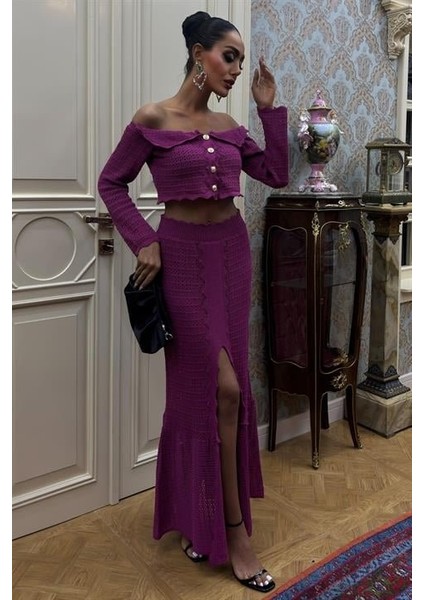 Mottisfashion Madonna Yaka Derin Yırtmaç Etekli Şık Triko Takım 10099