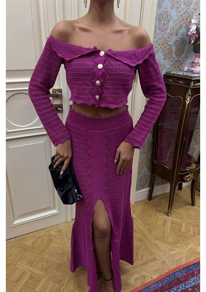 Mottisfashion Madonna Yaka Derin Yırtmaç Etekli Şık Triko Takım 10099 modelleri