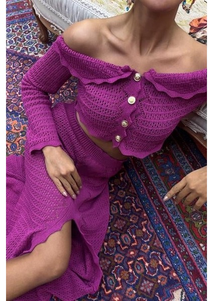 Mottisfashion Madonna Yaka Derin Yırtmaç Etekli Şık Triko Takım 10099