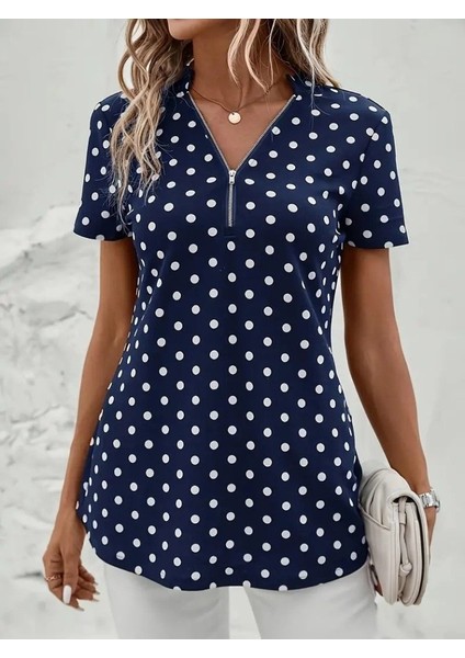 Mottisfashion Kadın Kısa Kollu Yakadan Fermuarlı Puantiyeli Uzun Dokuma Viskon Bluz