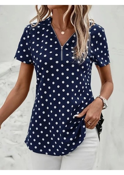 Mottisfashion Kadın Kısa Kollu Yakadan Fermuarlı Puantiyeli Uzun Dokuma Viskon Bluz fiyatları