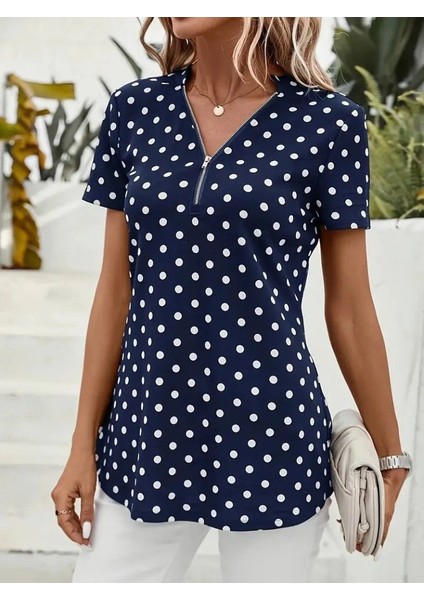 Mottisfashion Kadın Kısa Kollu Yakadan Fermuarlı Puantiyeli Uzun Dokuma Viskon Bluz fırsatları