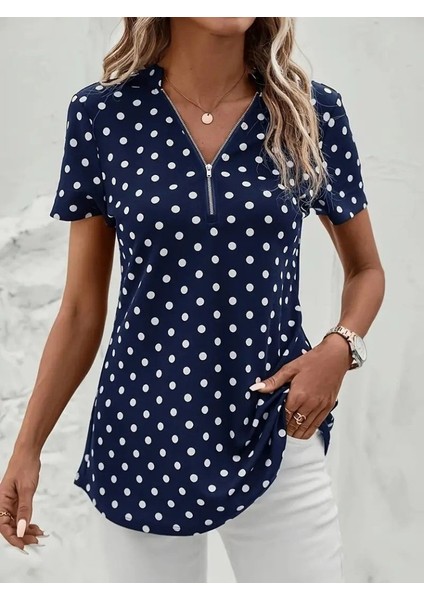 Mottisfashion Kadın Kısa Kollu Yakadan Fermuarlı Puantiyeli Uzun Dokuma Viskon Bluz indirimleri