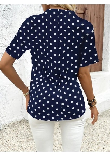 Mottisfashion Kadın Kısa Kollu Yakadan Fermuarlı Puantiyeli Uzun Dokuma Viskon Bluz