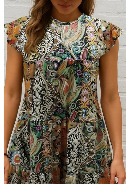 Mottisfashion Kadın Kısa Kollu Kolları Fırfırlı Bisiklet Yakalı Kare Desenli Elbise fiyatları