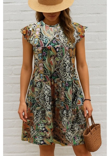 Mottisfashion Kadın Kısa Kollu Kolları Fırfırlı Bisiklet Yakalı Kare Desenli Elbise modelleri