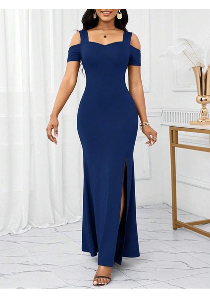 Mottisfashion Kadın Omuzlardan Açık Askılı Yırtmaç Detaylı Uzun Ithal Krep Elbise modelleri