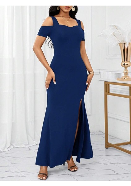 Mottisfashion Kadın Omuzlardan Açık Askılı Yırtmaç Detaylı Uzun Ithal Krep Elbise fırsatları