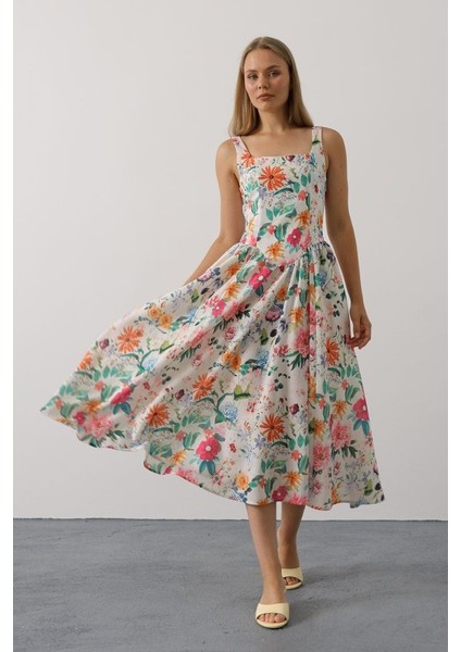 Mottisfashion Çiçek Desenli Askılı Elbise - Pembe Çiçek fiyatları