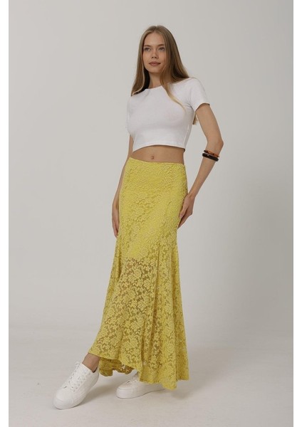 Mottisfashion Bel Lastikli Dantel Etek - Sarı modelleri