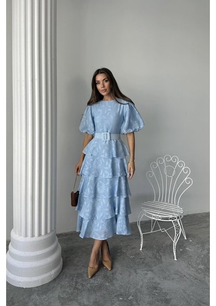 Mottisfashion Bebe Mavi Kat Kat Balon Kollu Kemerli Elbise modelleri