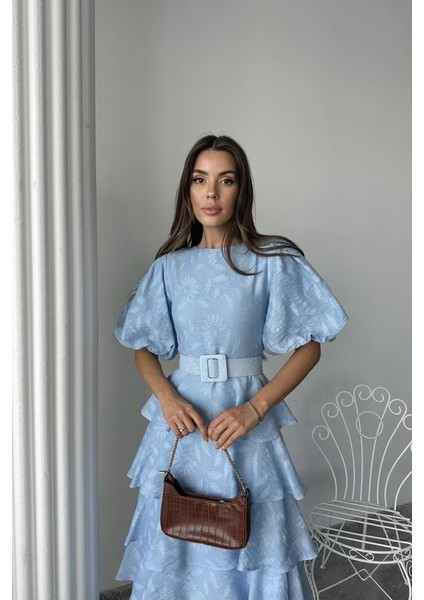 Mottisfashion Bebe Mavi Kat Kat Balon Kollu Kemerli Elbise fırsatları