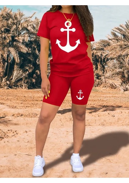Mottisfashion Kadın Kısa Kollu Çapa Baskılı Viskon Ikili Takım